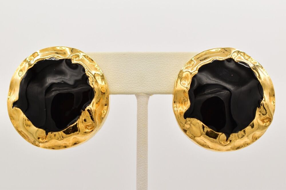 Ivana Trump Clip On Earrings Black Enamel Round Hammered Chunky Signed 90s BinBF
